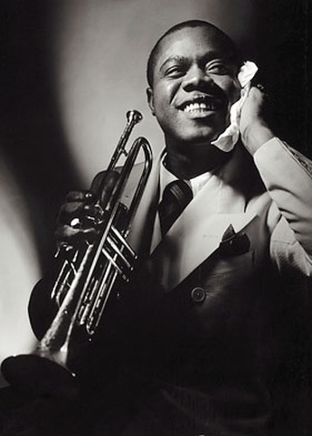Louis Armstrong Playing Trumpet With Musical Notes , Jazz Masters
